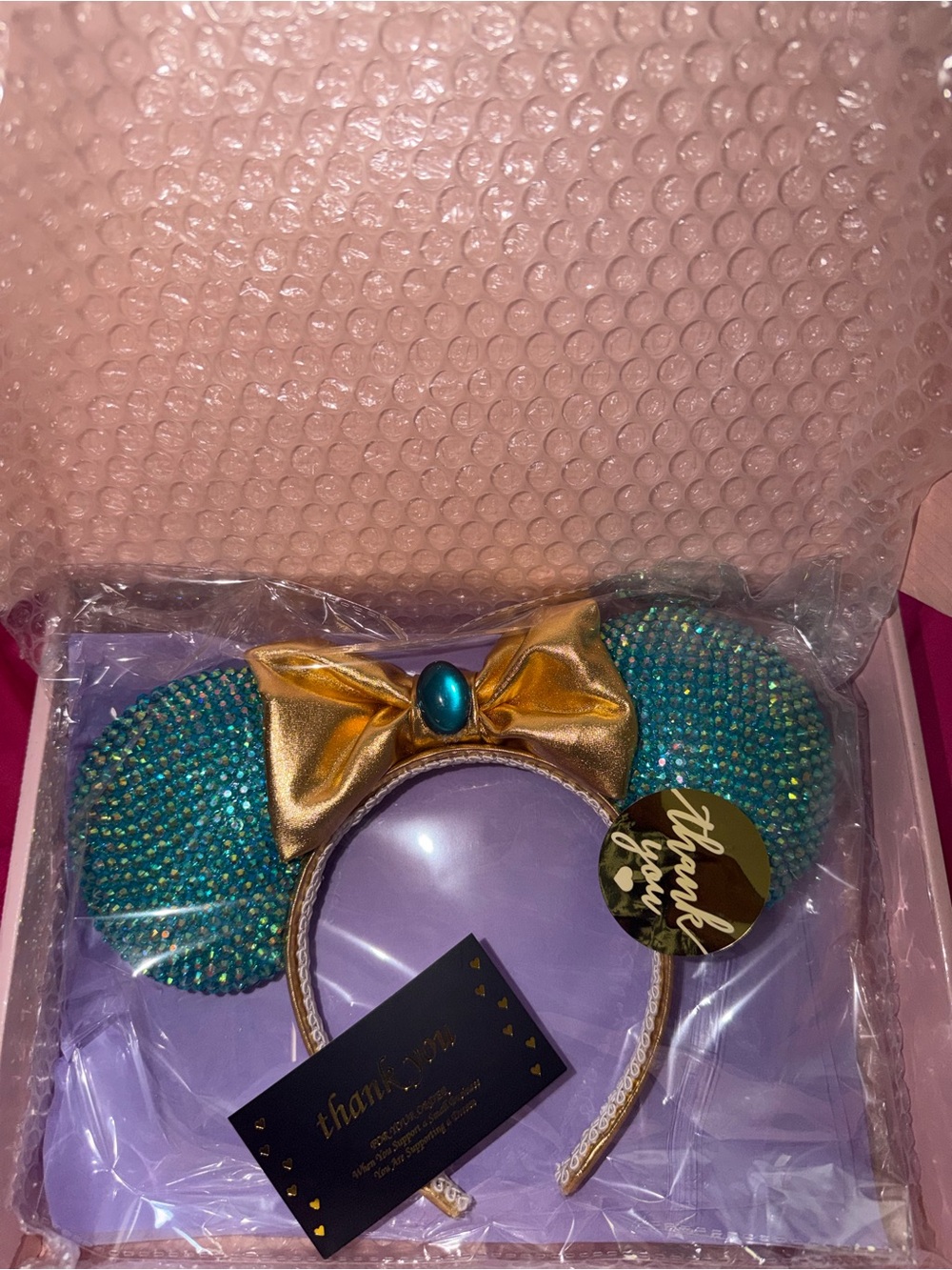 Sparkling Teal Sequin Mouse Ear Headband with Gold Bow